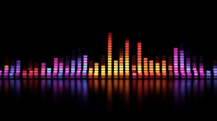 Colorful audio spectrum analyzer display on a black background with reflection effect.