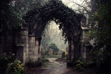 Fototapeta premium A gothic stone archway covered in black ivy, leading into a dark, misty graveyard 