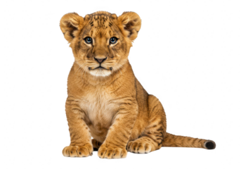 Lion cub sitting and looking at the camera isolated on transparent background