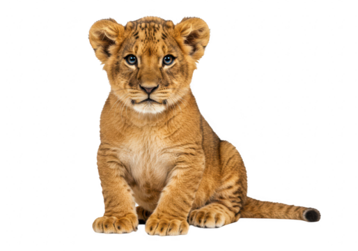 Lion cub sitting and looking at the camera isolated on transparent background