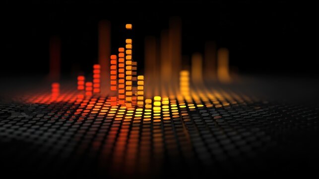 Abstract digital landscape with glowing bars on a grid in warm colors.