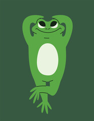 Funny frog is resting. Anthropomorphic animal in linear flat style.