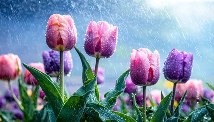 Pink and purple tulips in the rain
