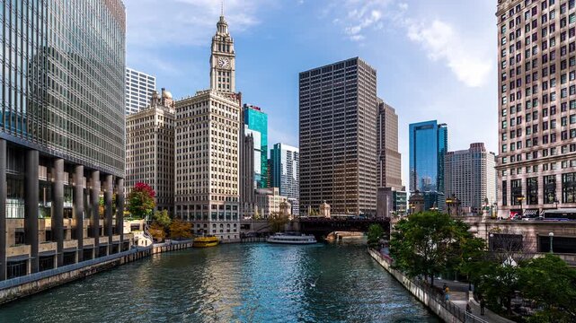 Chicago Downtown Skyline Along the River with Boat Traffic Timelapse