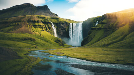 A dramatic landscape photograph of three tall waterfalls cascading down steep green mountainsides in Icelan