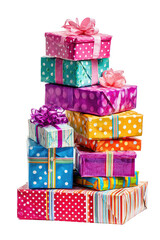 A stack of colorful gift boxes, decorated with various patterns and ribbons, creates a festive and joyful visual