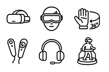 Minimalist Vector Icon Set of Virtual Reality Gadgets and Accessories, VR Headsets, Controllers, Gloves, Headphones, and 360-Degree Immersive Experience for Technology and Gaming