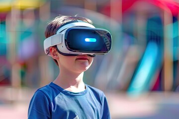 Vibrant Image of Boy with Virtual Reality Headset at School