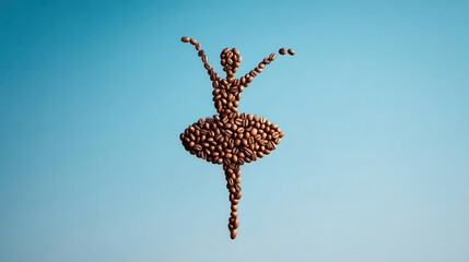 Floating coffee beans forming a ballerina silhouette in the sky