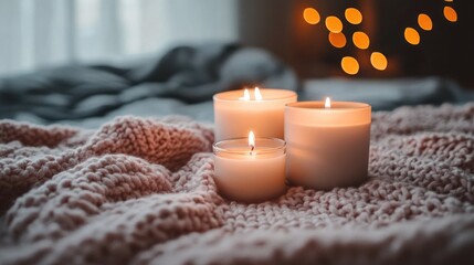 Warm Candles Flickering on a Cozy Knitted Blanket with Bokeh Lights