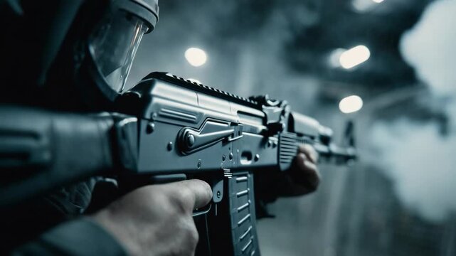 Close up soldier aiming assault rifle during target practice, demonstrating precision shooting skills inside professional firearms training facility