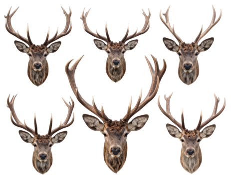 Set Of Antlers Head Images Isolated On A Transparent Background Displaying Different Perspectives Showing Detailed Fur Texture And Horns Against A Neutral Backdrop
