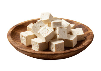 Cubed tofu on wooden plate
