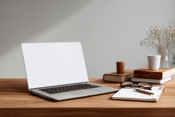 Fototapeta premium Workspace with laptop phone notepad and pen for business productivity. Clean and minimalist workplace for efficient use. Work space with office supplies. No people. morning light. Ready for business.