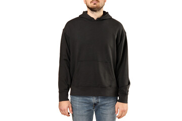 Casual black hoodie worn by a man with jeans, isolated on white, PNG
