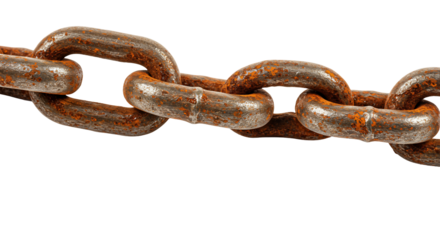 Rusty metal chain link detail closeup image with transparent background