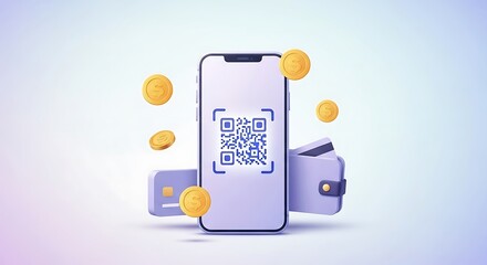 Modern Mobile Payment: QR Code Scanning with Floating Coins and Wallet