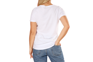 Woman stands casually in a plain white t-shirt, isolated on white, PNG