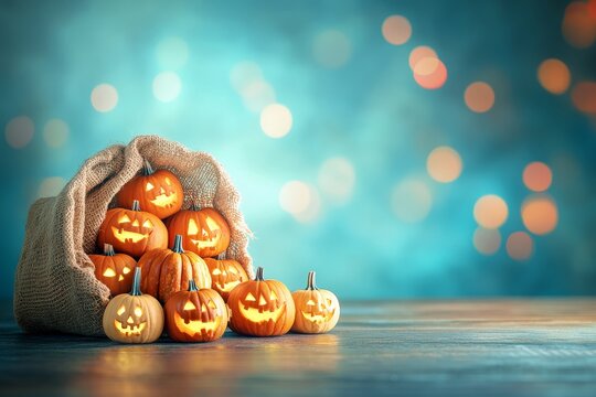A collection of jack-o'-lanterns, lit from within, nestled in a burlap sack, sits on a wooden surface against a teal backdrop with bokeh.