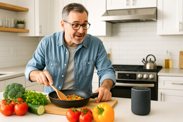 Man Using Smart Technology for Cooking in Modern Kitchen
