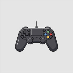 A black video game controller with a wire, featuring colorful buttons and directional controls, isolated on a light gray background.