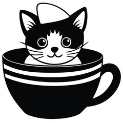 

A cute kitten sits upright, wearing a brown hat. Its large eyes and tiny nose give it an endearing look, while its tail curls around its side.