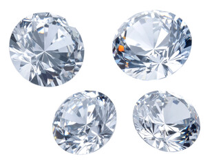 Four Sparkling Diamonds Displayed Against Transparent Backdrop Showcasing Faceted Surfaces And Brilliant Light Reflections Demonstrating Jewel Cut And Gemstone Beauty