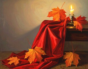 Classical autumn still life composition with a glowing candle illuminating vibrant maple leaves and rich red drapery