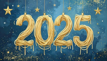 Golden spaghetti numerals 2025 against a cosmic backdrop