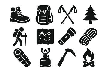 Outdoor adventure icons set featuring hiking gear and equipment silhouettes, trekking essentials and wilderness tools collection, camping and exploration vector graphics with transparent background