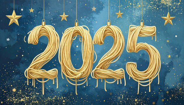 Golden spaghetti numerals 2025 against a cosmic backdrop