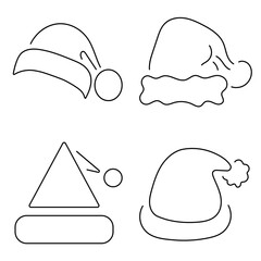 Group of black santa hat icons on a white background. Vector illustration.