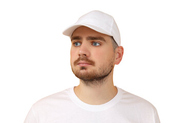 Blue-eyed person in a white cap, isolated on white, PNG