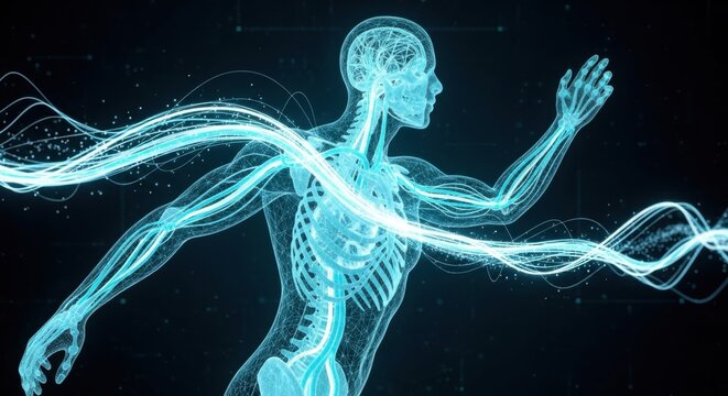 Futuristic Human Body Illustration Showing Nervous System and Brain in Blue Digital Style - Powered by Adobe