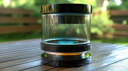 Futuristic Glowing Glass Container with Liquid on a Wooden Table