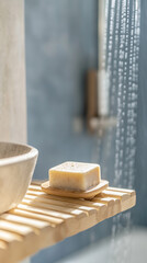 Natural soap bar on a bamboo soap dish in a modern bathroom, with a blurred shower stream in the background. 
