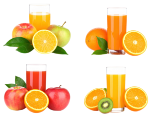 Compilation of Fresh Fruit Juices in Clear Glasses with Oranges Apples and Kiwi against a Transparent Background