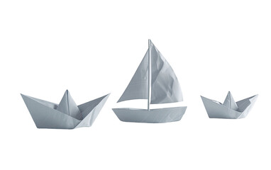 Three origami ships in a horizontal row.  Light gray/white paper craft.  Simple sail design.  One larger sailing vessel flanked by two smaller boats