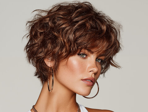 Female model with short hair, layered wavy brown hair in a modern pixie cut, elegant side profile, minimal makeup, this fashion-inspired image highlights elegance, beauty, and modern hairstyle.