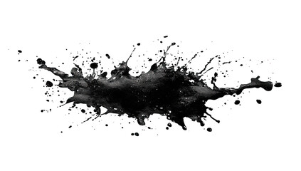 Dark grey liquid splash, abstract, isolated on black.  Small particles and splatters radiate outwards