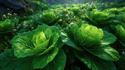 Close-up of green cabbage plants growing in a field with sunlight.