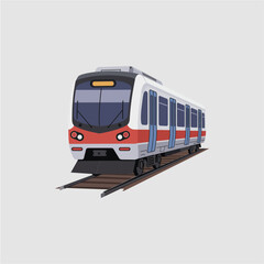 A modern light rail train, front-facing, on tracks, in a flat design style.