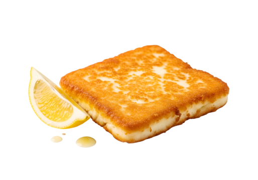 Crispy fried cheese square with a lemon wedge, showcasing a golden-brown exterior and a delicious, appetizing presentation against a black background.