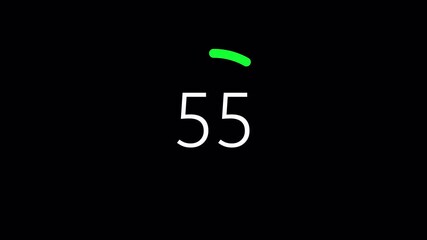 1 minutes Countdown glitch with a small green progress arc above it on a black background, representing a modern countdown timer design.
