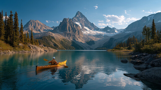 Kayaking Amidst Majestic Peaks: A lone kayaker navigates the serene waters of a mountain lake, framed by towering peaks reflecting the breathtaking beauty of nature's grandeur. - Powered by Adobe