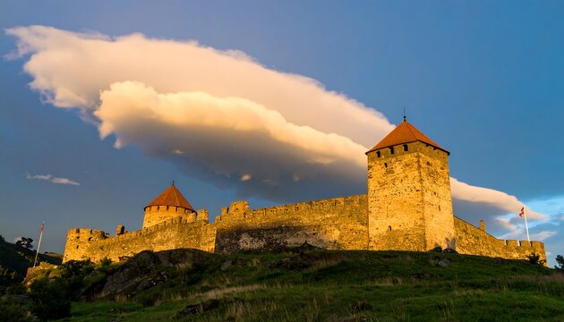 Ancient stone fortress at sunset, dramatic sky