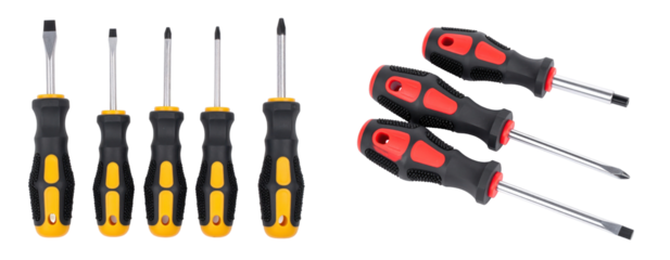 Assorted Screwdrivers in Multiple Angles on Transparent Background Demonstrating Various Head Types and Handle Designs Suitable for Repairing and Construction Projects