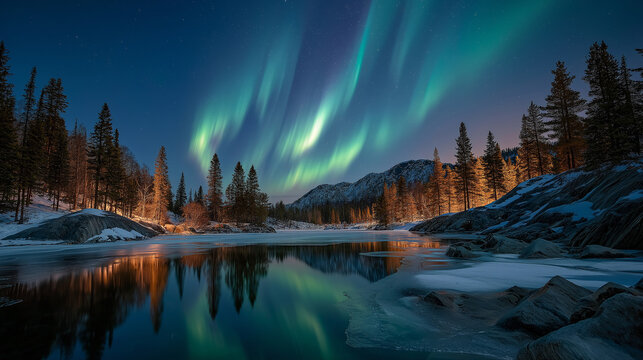 Northern Lights Spectacle: The vibrant aurora borealis dances across a starlit sky, casting an ethereal glow over a tranquil lake and snow-dusted landscape.