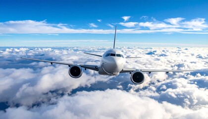 Fototapeta premium An airplane soaring through a bright blue sky, surrounded by fluffy white clouds.