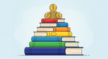 Colorful Stack of Books with Golden Coins, Educational Investment Concept
